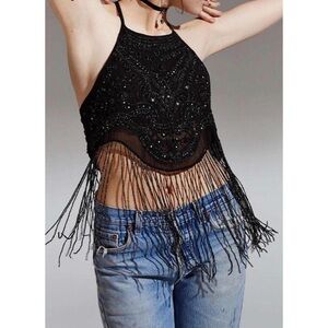 Kimchi Blue Whimsy Boho Glam Black Beaded Tassel Crop Top Open Back Large